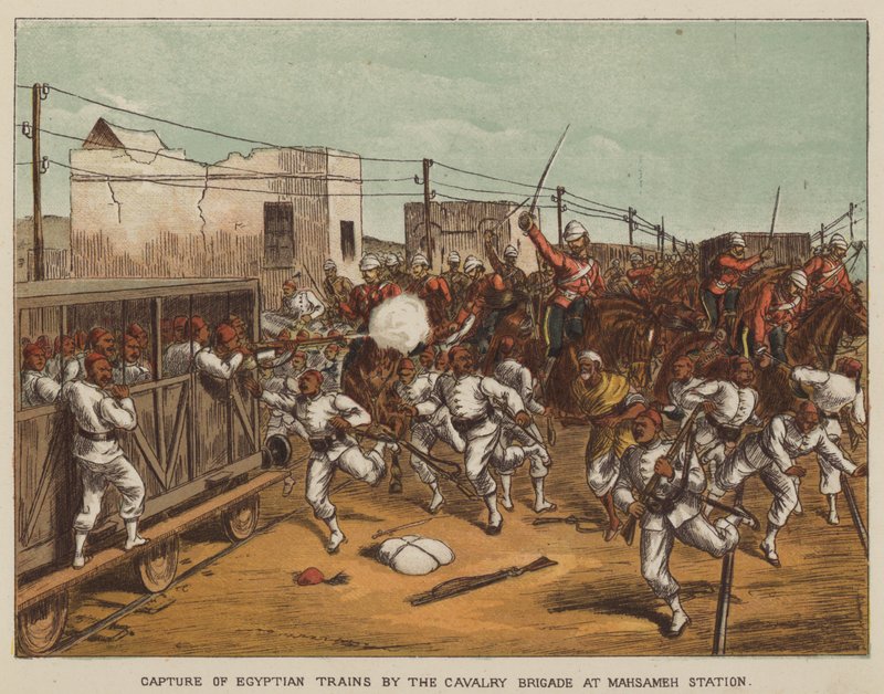 Tilfangetagelse af egyptiske tog af kavaleribrigaden på Mahsameh Station af after Richard Simkin