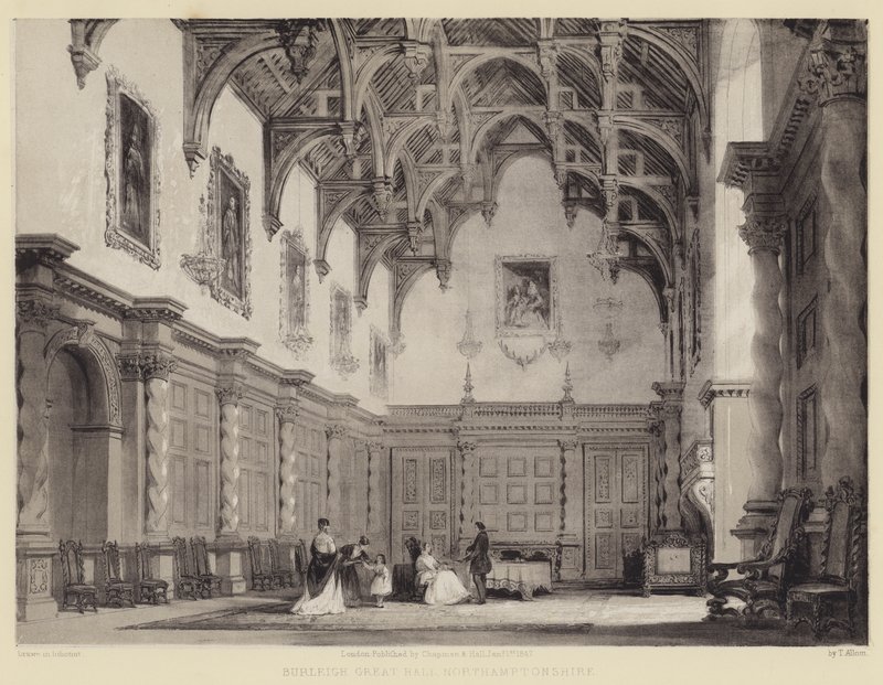 Burleigh Great Hall, Northamptonshire af after Thomas Allom