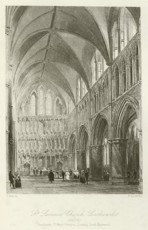 St Savios Church, Southwark, 1850, i oldtiden St Mary Overyes, med udsigt mod sydøst af after Thomas Allom