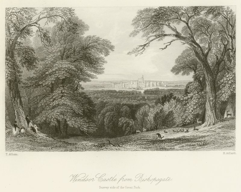 Windsor Castle fra Bishopsgate, Surrey-siden af den store park af after Thomas Allom