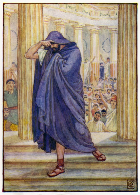 Han forlod forsamlingen og skjulte sit ansigt i sin kappe af after Walter Crane