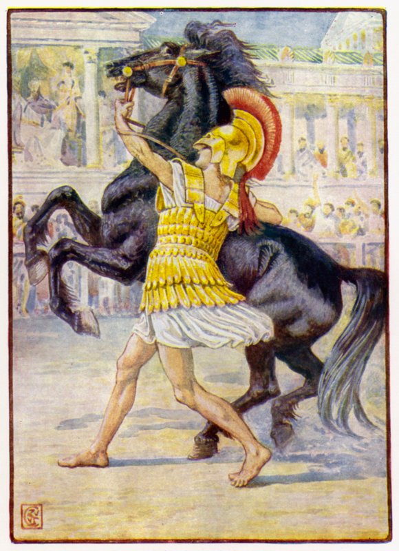 Han løb hen mod hesten og greb tøjlen af after Walter Crane