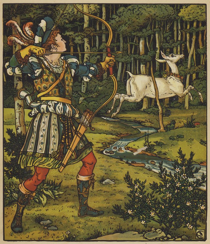 Prins Guerrier forfølger hinden i skoven af after Walter Crane