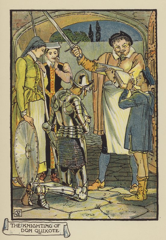 Don Quijotes ridderslagning af after Walter Crane