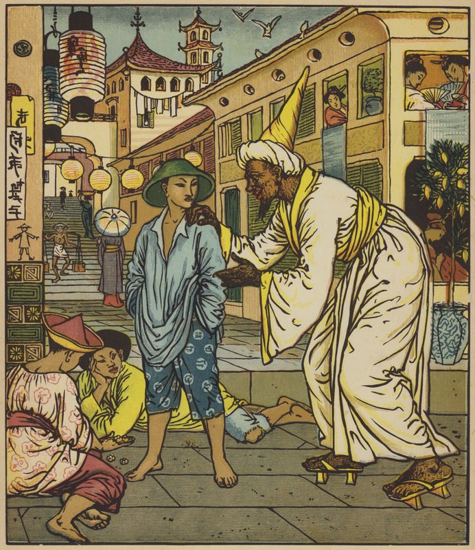 Tryllekunstneren opsøger Aladdin af after Walter Crane