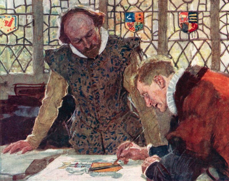 Shakespeare på Heralds College på Pauls Wharf Hill for at diskutere sin fars våbenskjold af after William Hatherell