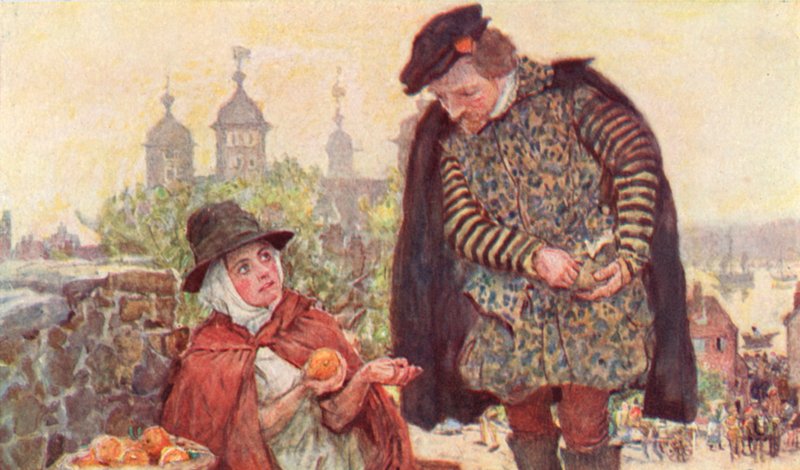 Shakespeare køber en to-penny appelsin fra en frugtsælger på Tower Hill, London af after William Hatherell