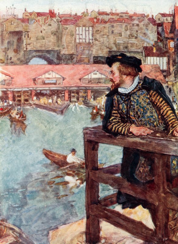 Shakespeare stirrer på vandmøllerne under London Bridge af after William Hatherell