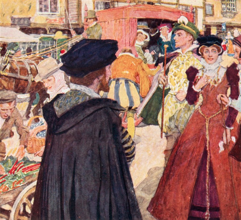 Shakespeare iagttager den tåbelige mode og narrestreger af fops på Ludgate Hill, London af after William Hatherell