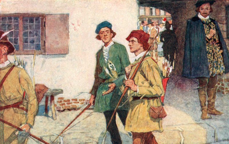 Shakespeare ser en gruppe lærlinge med deres buer og pile gå til bueskydningsbanen ved Moorfields, London af after William Hatherell
