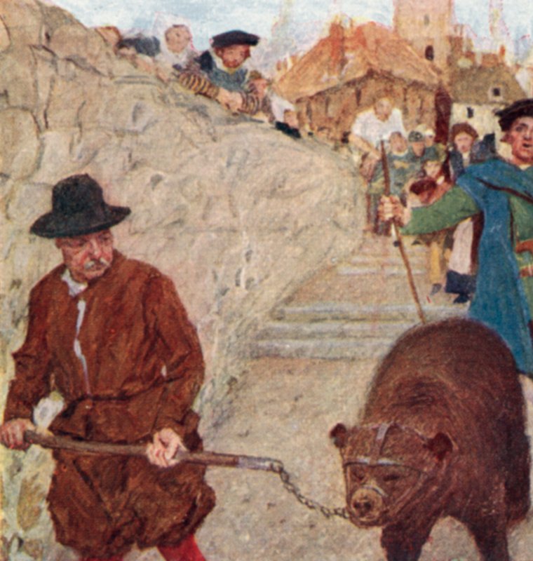Shakespeare ser en bjørn på vej til Bear Garden ved Bankside af after William Hatherell