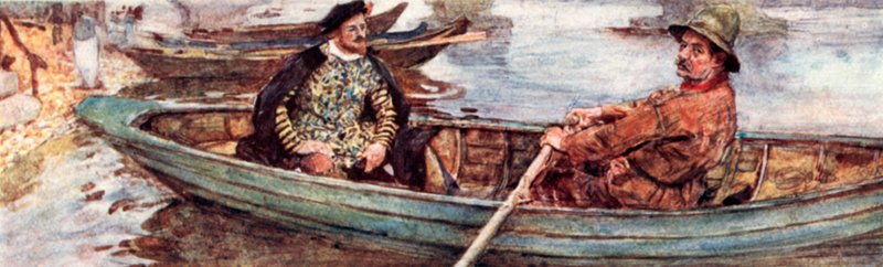 Shakespeare med en vandmand, der roes ned ad Themsen, London af after William Hatherell
