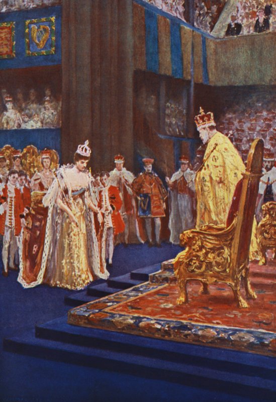 Dronning Alexandra bøjer sig for kong Edward VII på vej til sin trone af after William Henry Margetson