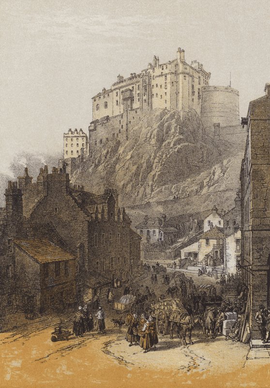 Edinburgh Castle, fra Grassmarket (chromolitho) af after William Leighton Leitch