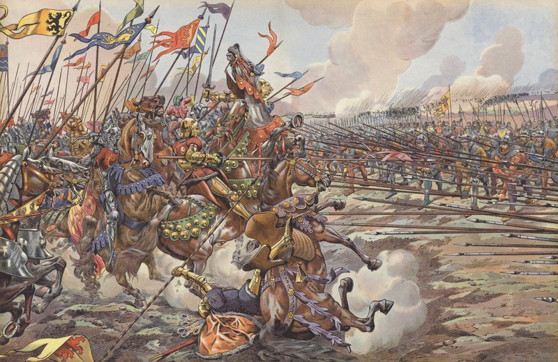 Karl den Dristiges burgundiske riddere blev ført ud af schweiziske geddemænd i slaget ved barnebarnet, 1476 af Onfray de Breville Job