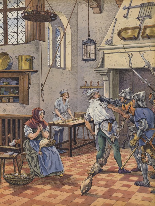 En kok beslaglagt i sit køkken af væbnede mænd på mistanke om at have forsøgt at forgifte kongen (farve litho) af pseudonym for Onfray de Breville Jacques Job