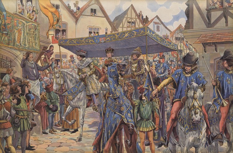 Folkemængder på gaderne i Paris hilser Louis XI, da han ankommer fra Bourgogne for at gøre krav på sit kongerige efter sin fars, Charles VII