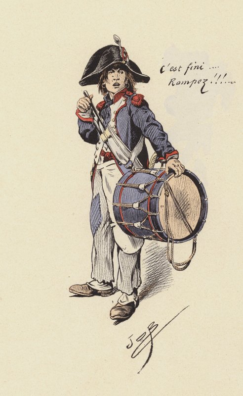 Trommeslager dreng (farve litho) af pseudonym for Onfray de Breville Jacques Job