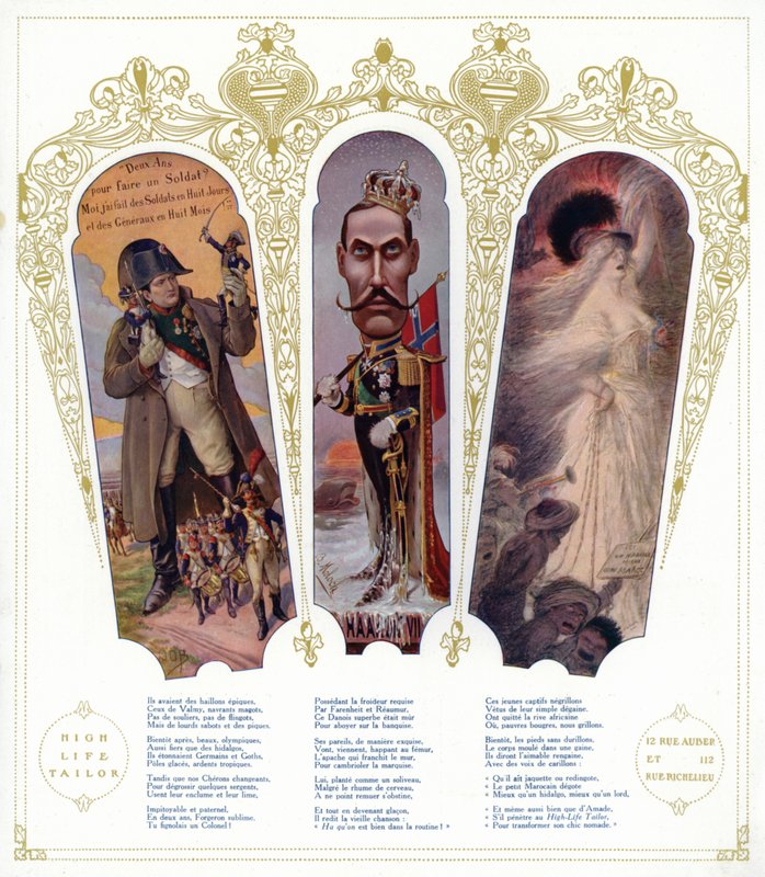 Fransk militærtræning, karikatur af kong Haakon VII af Norge og marokkanske immigranter i Frankrig (farve litho) af pseudonym for Onfray de Breville Jacques Job