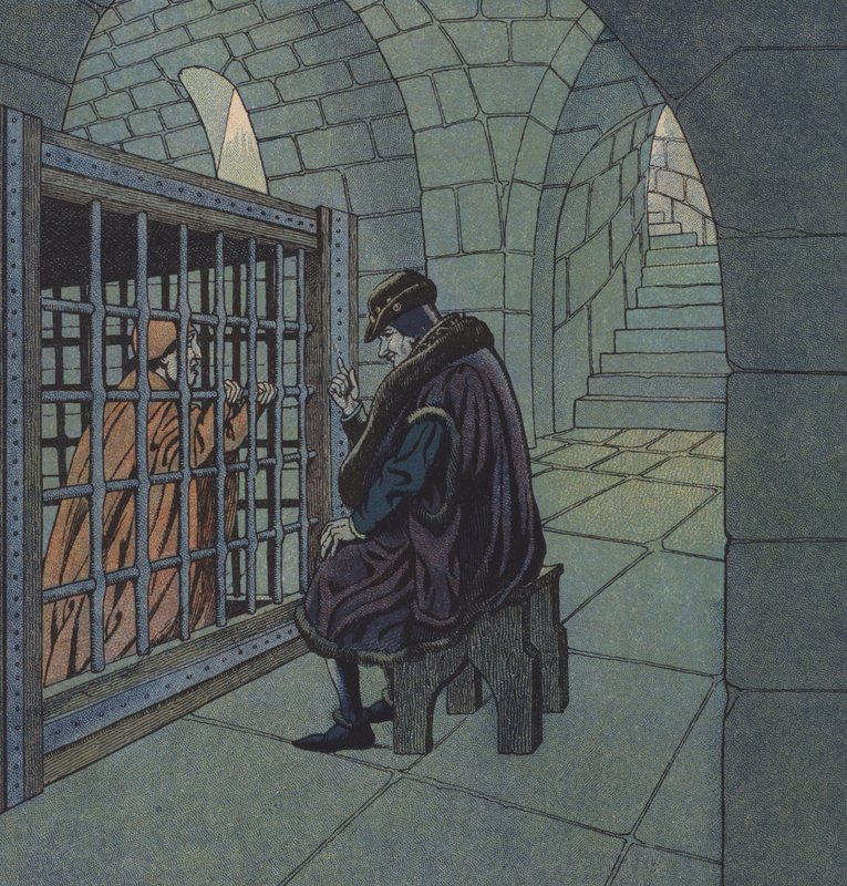 Kong Ludvig XI af Frankrig og kardinal Balue (farve litho) af pseudonym for Onfray de Breville Jacques Job