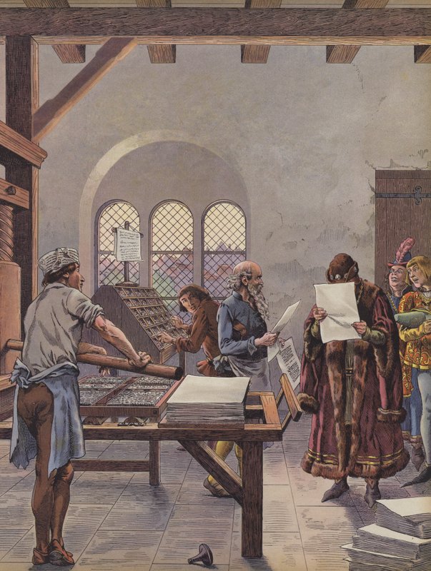 Kong Ludvig XI læser et dokument trykt på en presse (farve litho) af pseudonym for Onfray de Breville Jacques Job