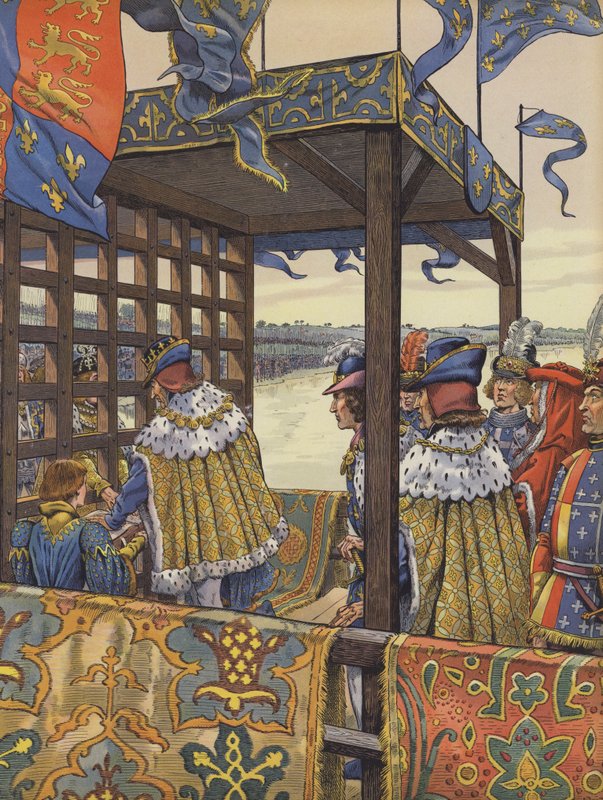 Ludvig XI af Frankrig og Edward IV af England mødes for at underskrive Picquigny-traktaten på hver side af en træbarriere af pseudonym for Onfray de Breville Jacques Job