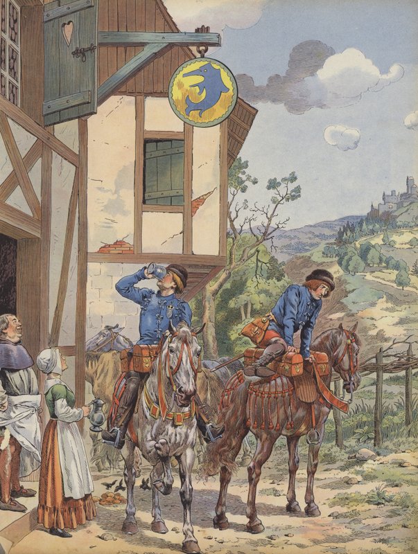 Budbringere tager forfriskning på en kro ved vejkanten (farve litho) af pseudonym for Onfray de Breville Jacques Job