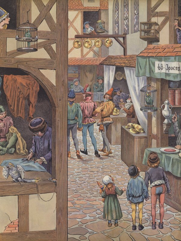 Parisere med fugle i bur (farve litho) af pseudonym for Onfray de Breville Jacques Job