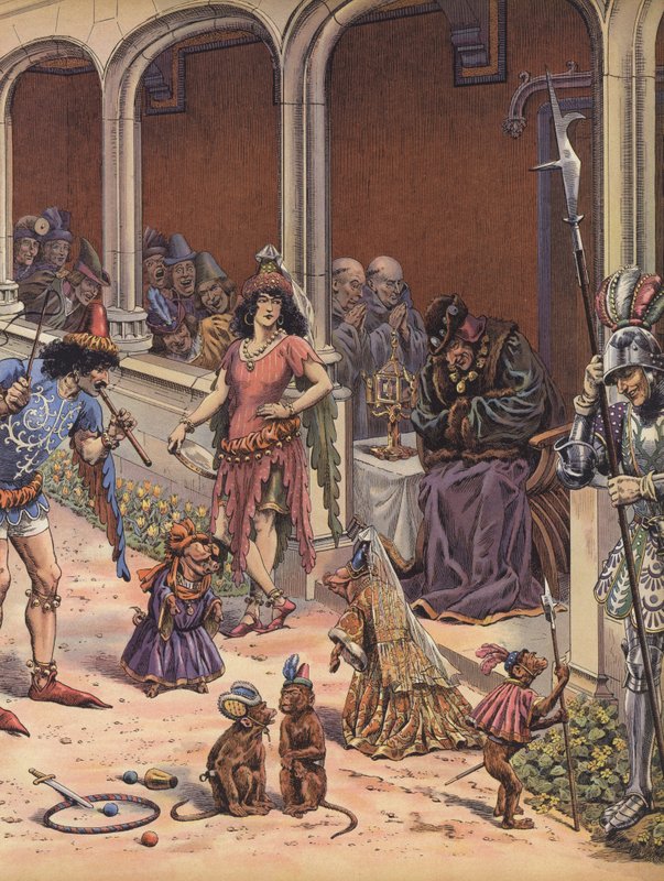 Artister, der underholder den gamle kong Ludvig XI af Frankrig (farve litho) af pseudonym for Onfray de Breville Jacques Job