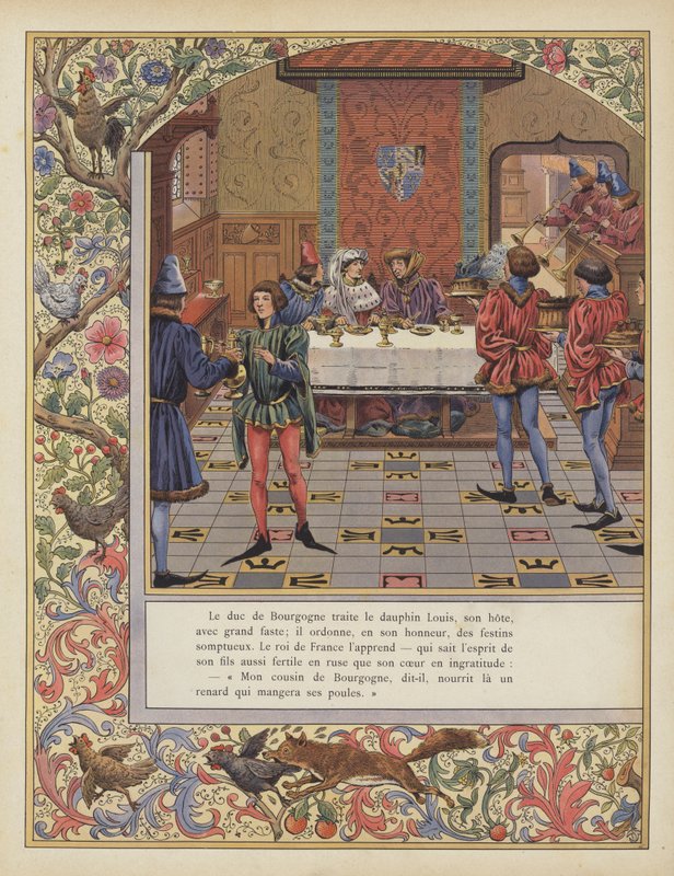 Hertugen af Bourgogne sørger for en overdådig fest for Louis, Dauphin af Frankrig (farve litho) af pseudonym for Onfray de Breville Jacques Job