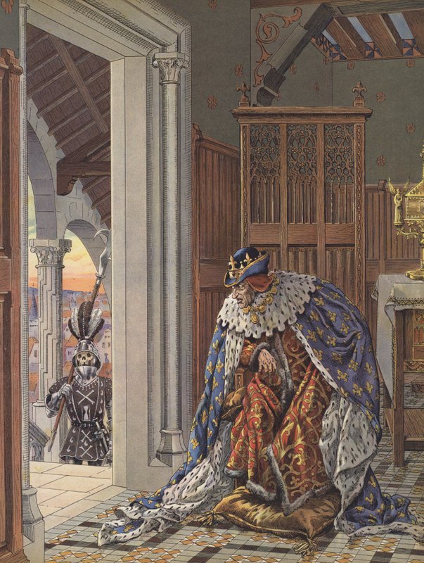 Den gamle kong Ludvig XI af Frankrig frygter døden (farve litho) af pseudonym for Onfray de Breville Jacques Job