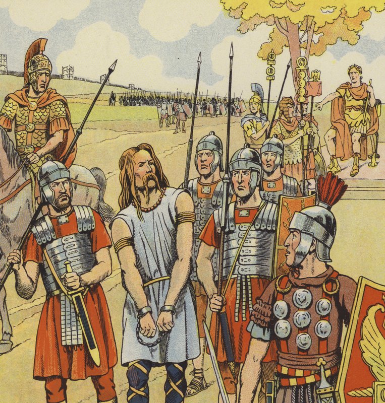 Vercingetorix overgiver sig til Julius Cæsar, 52 f.Kr. (farve litho) af pseudonym for Onfray de Breville Jacques Job