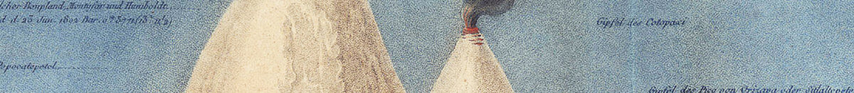 Planternes geografi i tropiske lande, en undersøgelse af Andesbjergene, tegnet af Schoenberger og Turpin, trykt af Langlois, Paris (Baron Friedrich Alexander von Humboldt), Detail: Rauchender Vulkangipfel