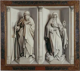 ""Jomfruens bryllup"" Verso-maleri på træ af Robert Campin, kendt som Mesteren af ​​Flemalle (1375-1444) 1420 Dim. 0,77x0,88 m Madrid, Prado-museet --- Jomfruens bryllup. Maleri på træ af Robert Campin kendt som Mesteren af ​​Flemalle (1375-