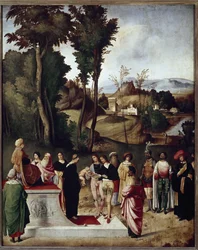 Moses barn udsat for prøven af ild og guld af Farao. detalje (Olie på træ, ca. 1502)