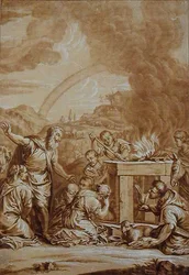 Noah efter syndfloden, graveret af Elishah Kirkhall (1682-1742) (farve litho)