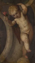 Putto med en rød blomst, ca. 1548-88 (olie på lærred)