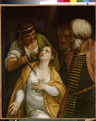 Sankt Justinas martyrium. Justina af Padova (født i det 3. århundrede-304), martyr fra det antikke Rom, blev gennemboret af et sværdstød. Italiensk kunst (Venedig)
