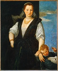 Portræt af en kvinde med et barn og en hund - Portrait de femme avec un enfant et un chien ...