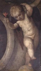 Putto med en rød blomst (se også 67073)