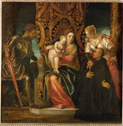 Sankt Maria og Jesus mellem Sankt Georg og Sankt Justine med en knælende benediktinermunk ...