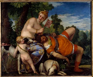 Afrodite og Adonis. Adonis, figur af græsk mytologi, elsker Afrodite. Maleri af Paolo Veronese (1528-1588)