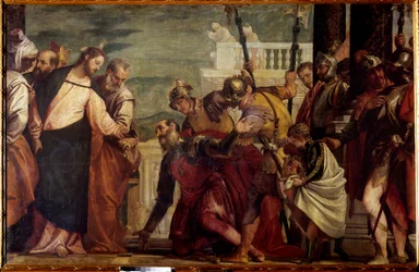 Jesus Kristus og høvedsmanden. Kapernaums høvedsmand bad Jesus om at bekæmpe sin lammede tjener. Maleri af Paolo Veronese (1528-1588) 1500-tallet søn. 1,92x2,97 m Madrid, Prado Museum