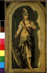 Minerva (Minerca). Ved siden af ​​hende, hendes skjold med hovedet af Gorgon Medusa. Maleri af Paolo Veronese (1528-1588). Olie på lærred, 28 x 16 cm, ca. 1560. Venetiansk kunst, italiensk renæssance. Pushkin Museum of Fine Arts, Moskva.