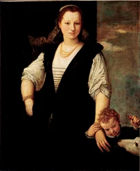 Portræt af en kvinde med et barn og en hund (Francesco Bevilacquas børn?) Maleri af Paolo Veronese Caliari (1528-1588) 1500-tallet søn. 115x95 cm Paris, Musée du Louvre