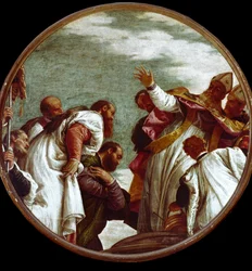 Sankt Nikolaus modtager hyldest af kontoristen i Mira. Maleri af Paolo Caliari dit Paolo Veronese (1528-1588)