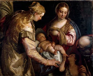 Den hellige familie med Sankt Barbe og Sankt Johannes Døberen. Maleri af Paolo Caliari kaldet Paolo Veronese (1528-1588), ca. 1562. Olie på lærred. Mål: 86x122 cm. Firenze, Galleria degli Uffizi (Firenze, Uffizi-museet)