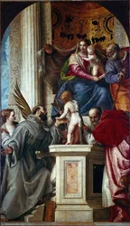 Den hellige familie med hellige (Hellig samtale kendt som Pala di San Zaccaria eller St. Zaccarias altertavle). Maleri af Paolo Caliari Paolo Veronese (1528-1588)