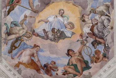 Universal Harmony omgivet af guder: Zeus med en ørn, Mars, Apollo med Lyre, Venus, Merkur med Caduceus, Diana med hunde og Saturn, den centrale Octagon i Hall of Olympus
