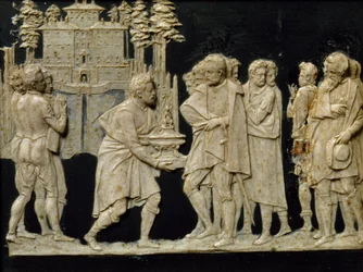 Præsentation til Francesco I af modelfontæne i Pratolino, af Jean de Boulogne aka Giambologna (1529-1608), voksflise